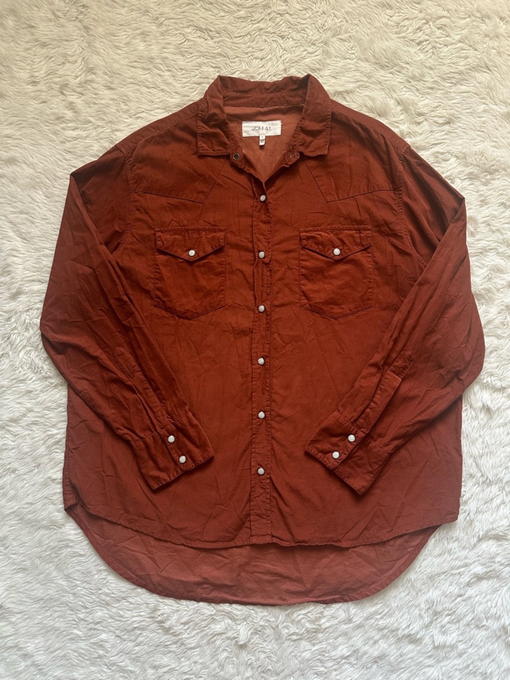 THE GREAT. Top Snap Button Front Long Sleeve Shirt Corduroy Western Brown Sz L
